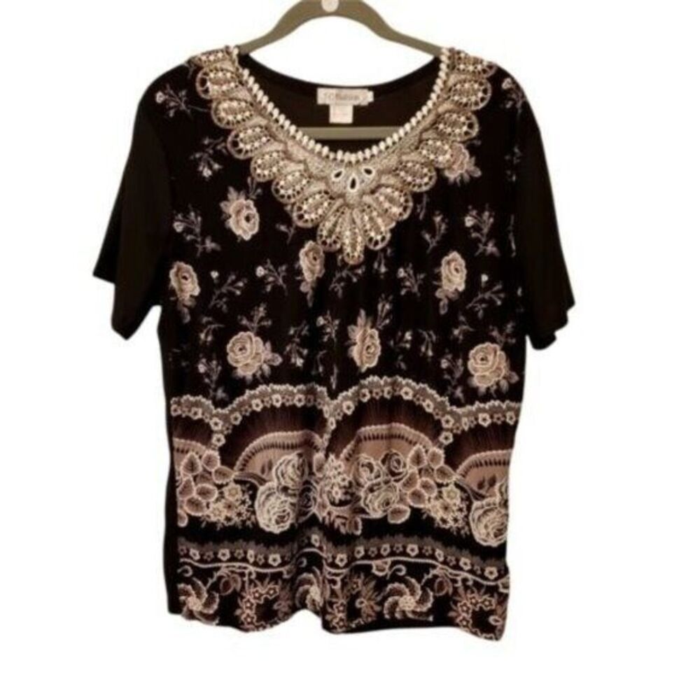T-C Fashion Womens Sz XL Black White Floral Short Sleeve Blouse